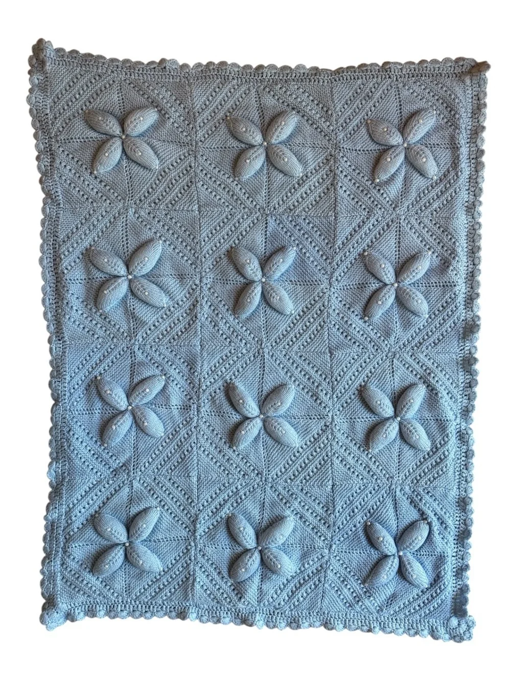 Vintage Hand Knit Baby Blue Baby Blanket 3D Flower Popcorn Knit Nursery